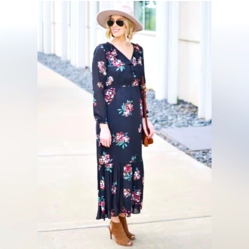 LOFT Floral Dark Gray Maxi Dress